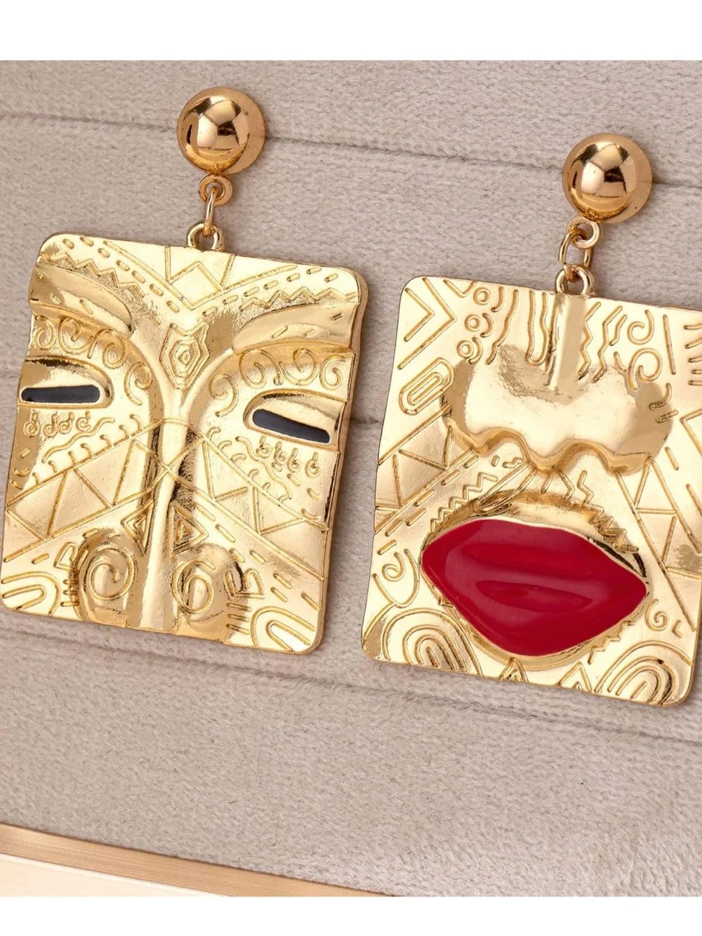 Zara Gold-Tone Square Drop Earrings with Red Lip Detail
